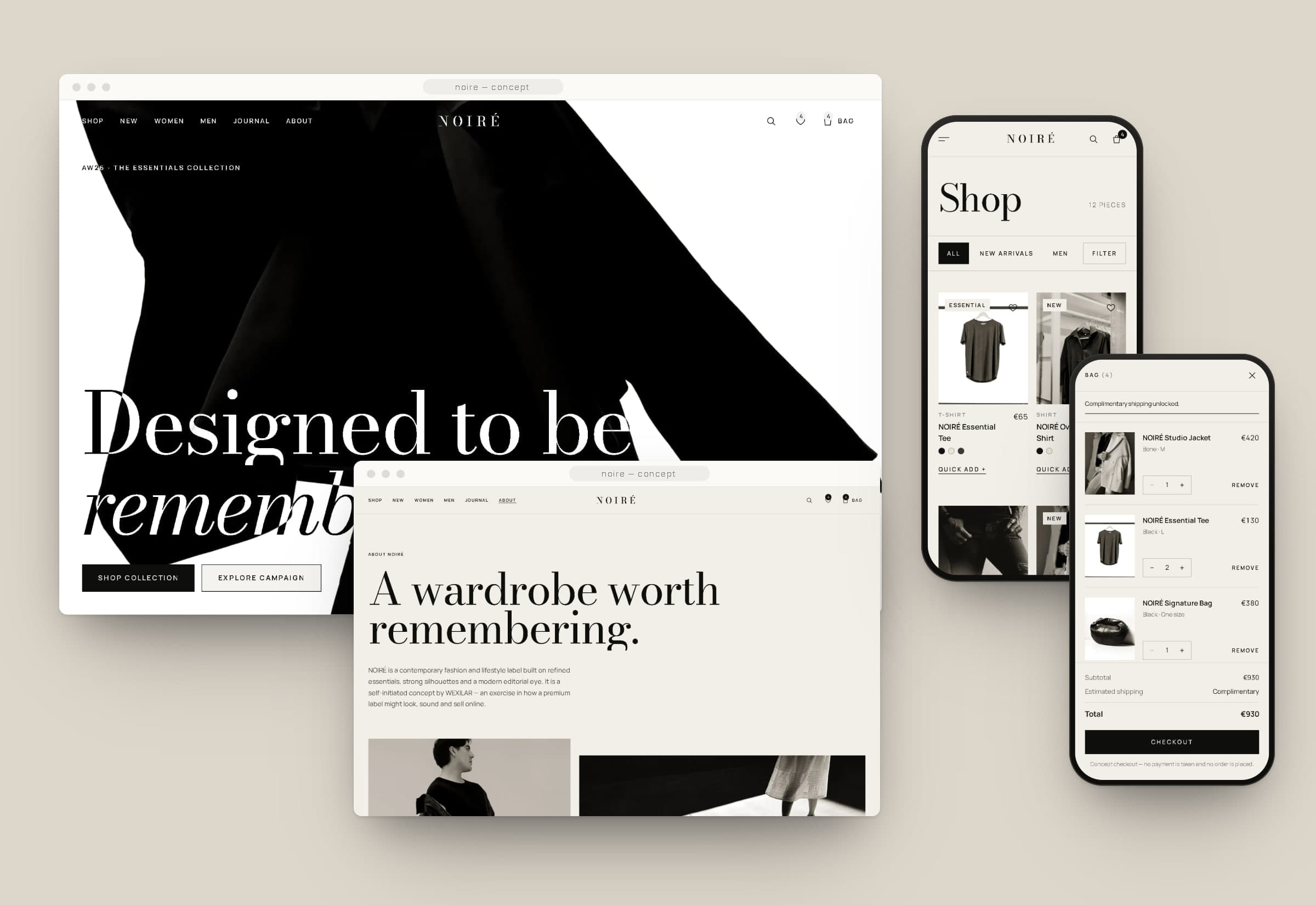 NOIRÉ homepage and about page in browsers beside the shop and bag on phones.