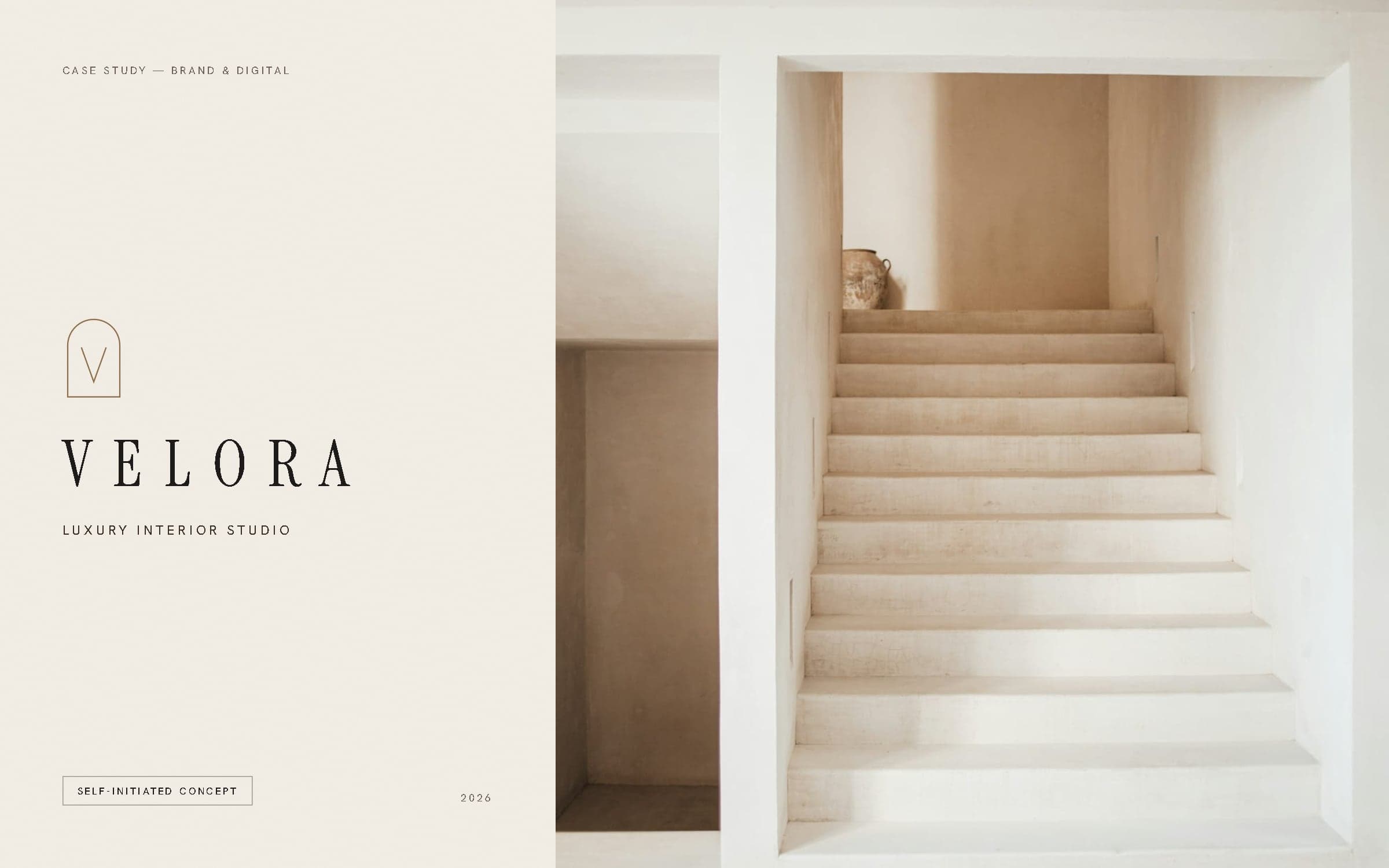VELORA cover: the arch monogram and wordmark on ivory beside a photograph of a limestone stair.