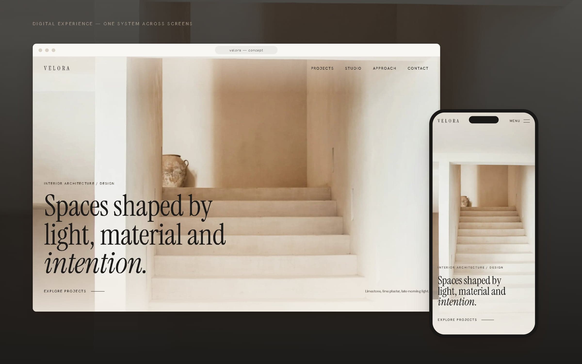 The VELORA website on a desktop browser and a phone.