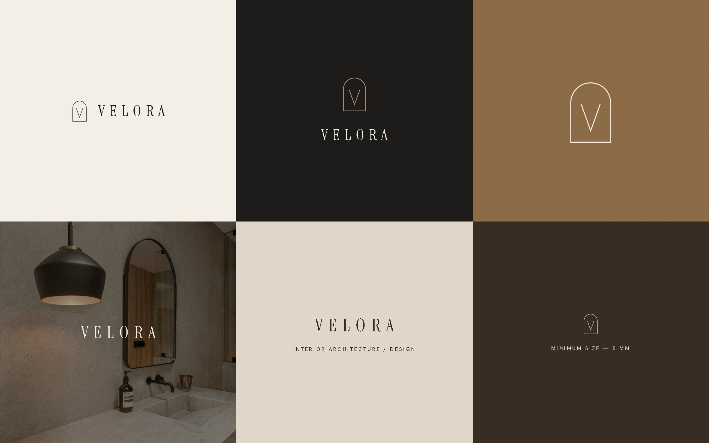 Six tiles showing VELORA logo lockups on brand colours and over a photograph.