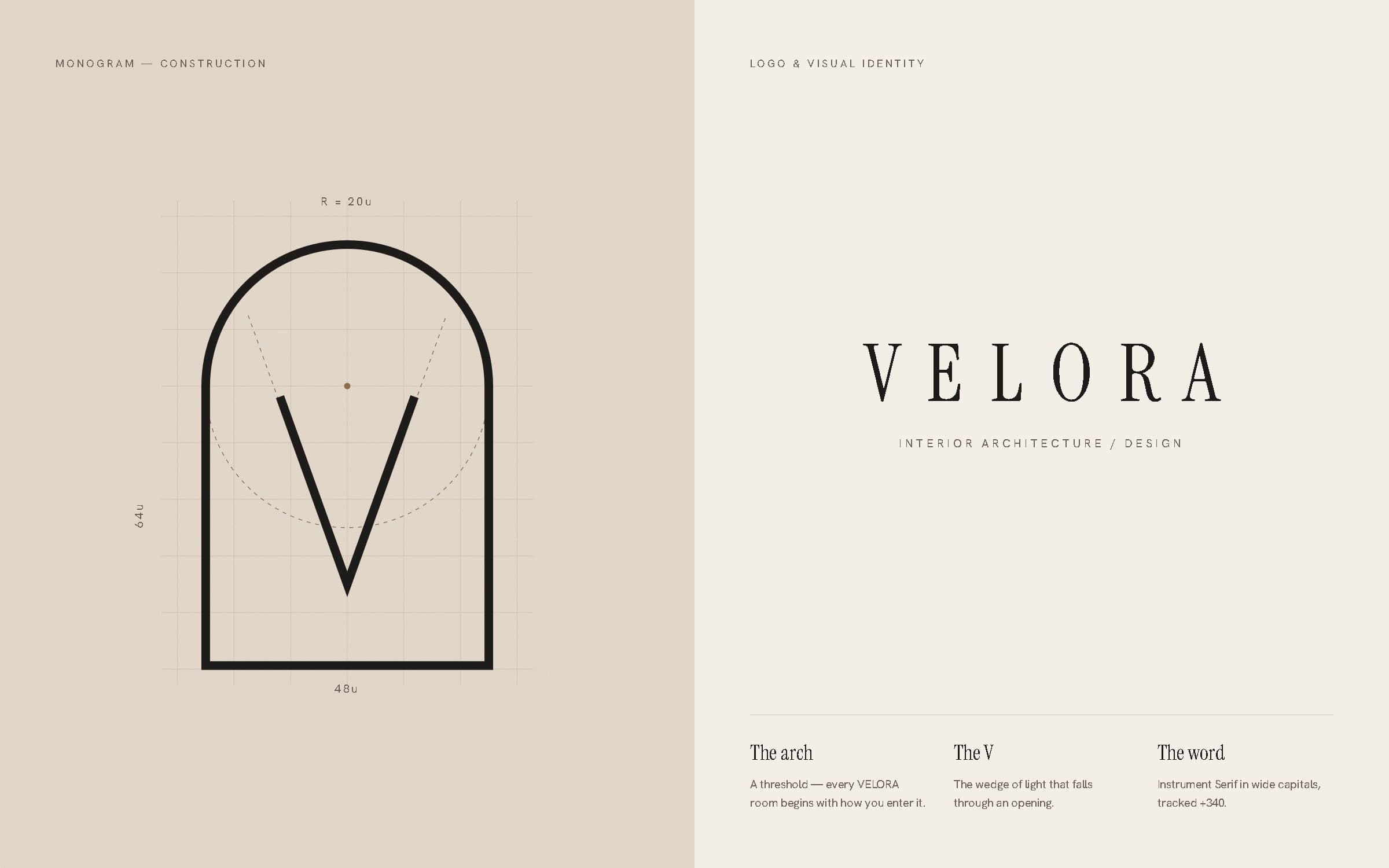 Construction drawing of the VELORA arch monogram on a grid, beside the VELORA wordmark.