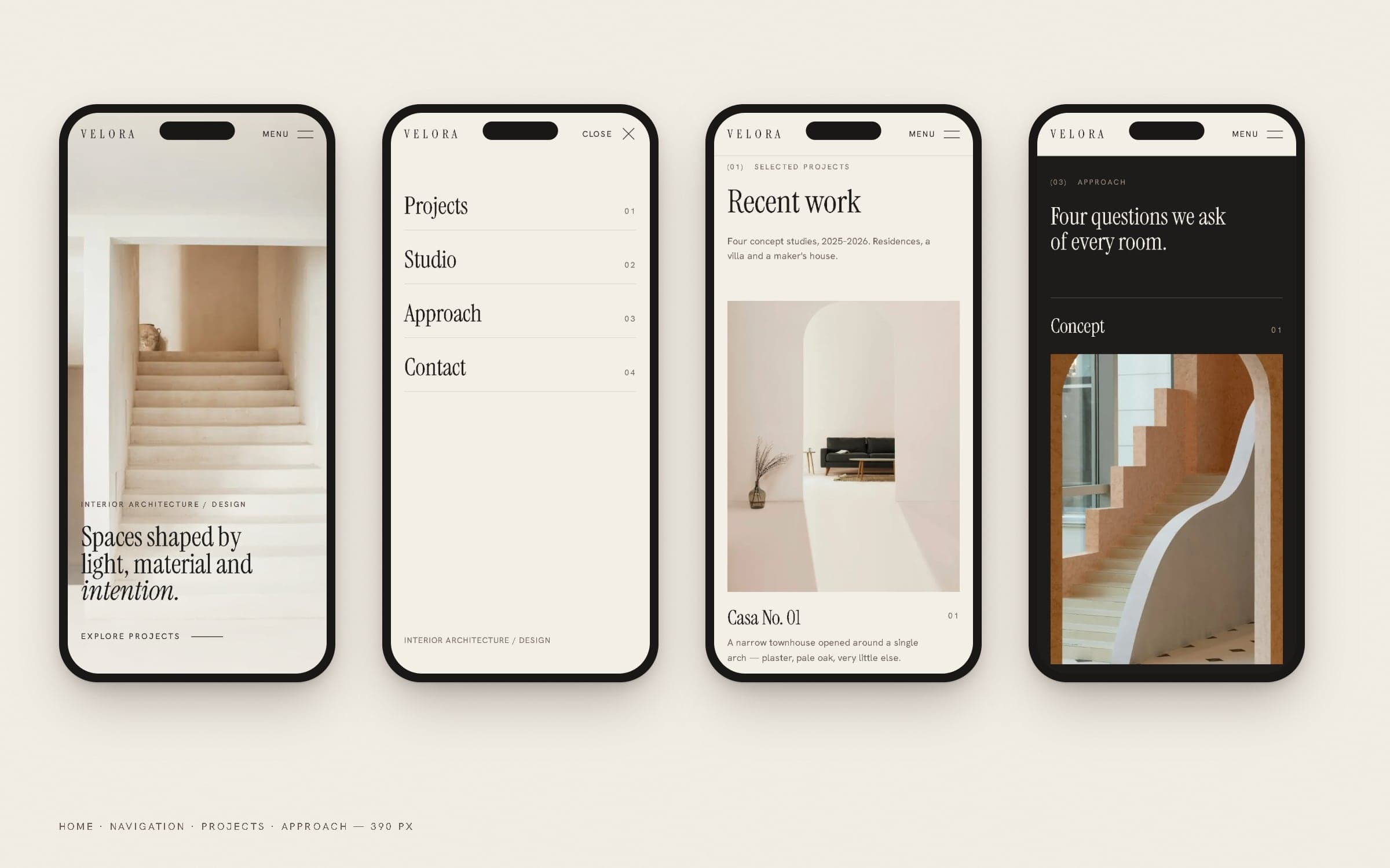 Four phone screens of the VELORA website: home, open menu, projects and approach.