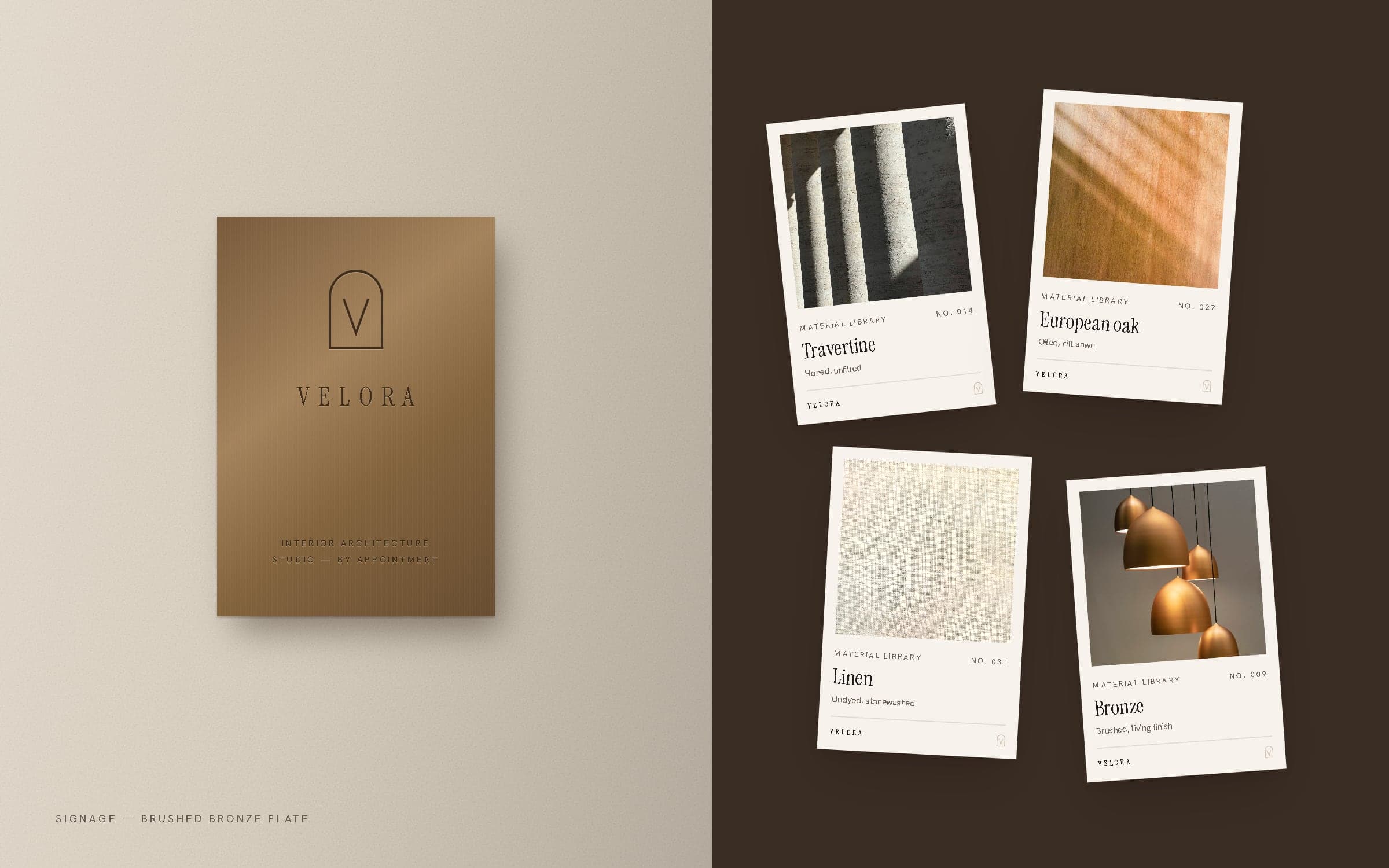 Brushed bronze VELORA plate on a plaster wall, and four material library cards: travertine, oak, linen and bronze.