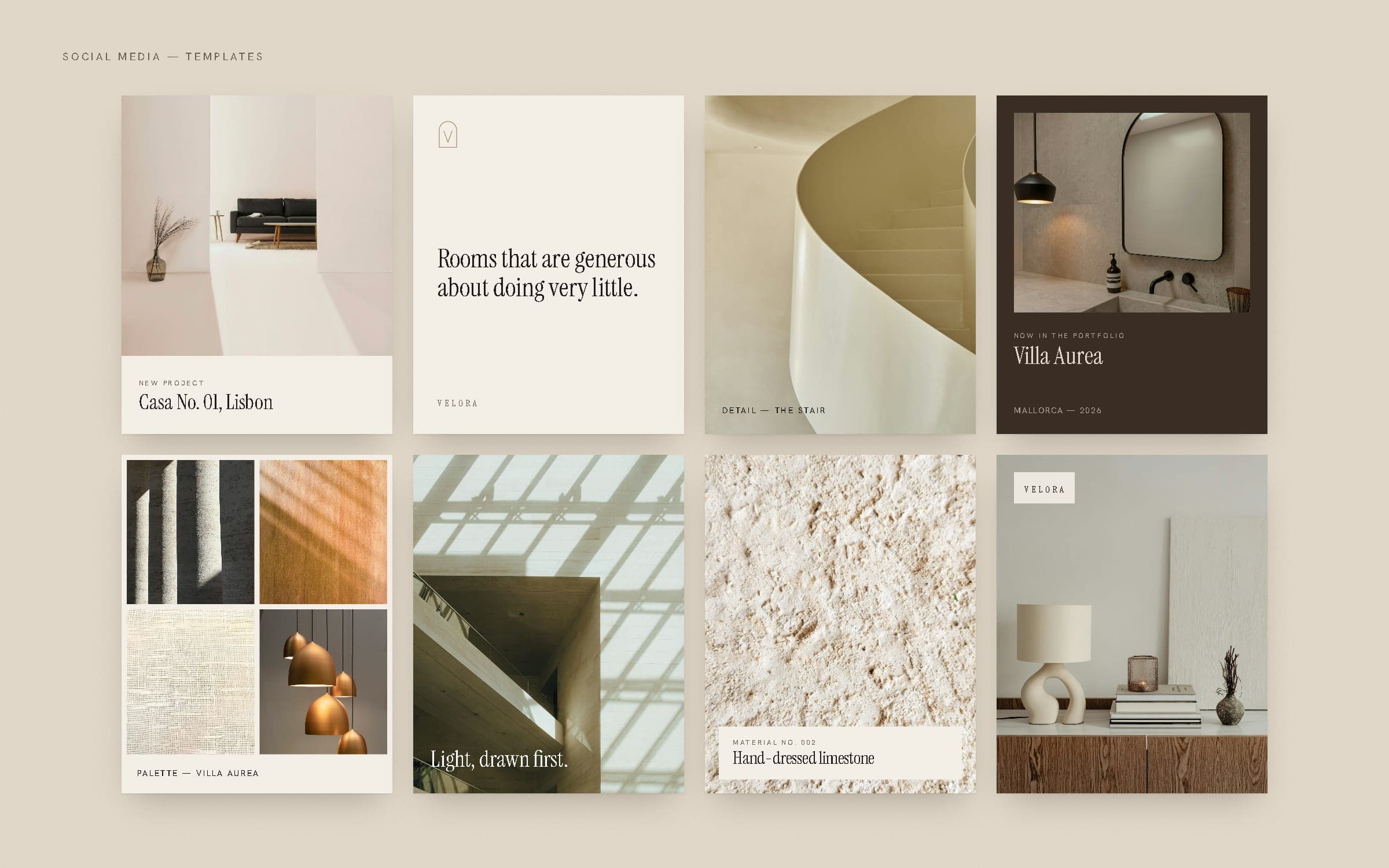 Grid of eight VELORA social media posts with interior photography and short captions.