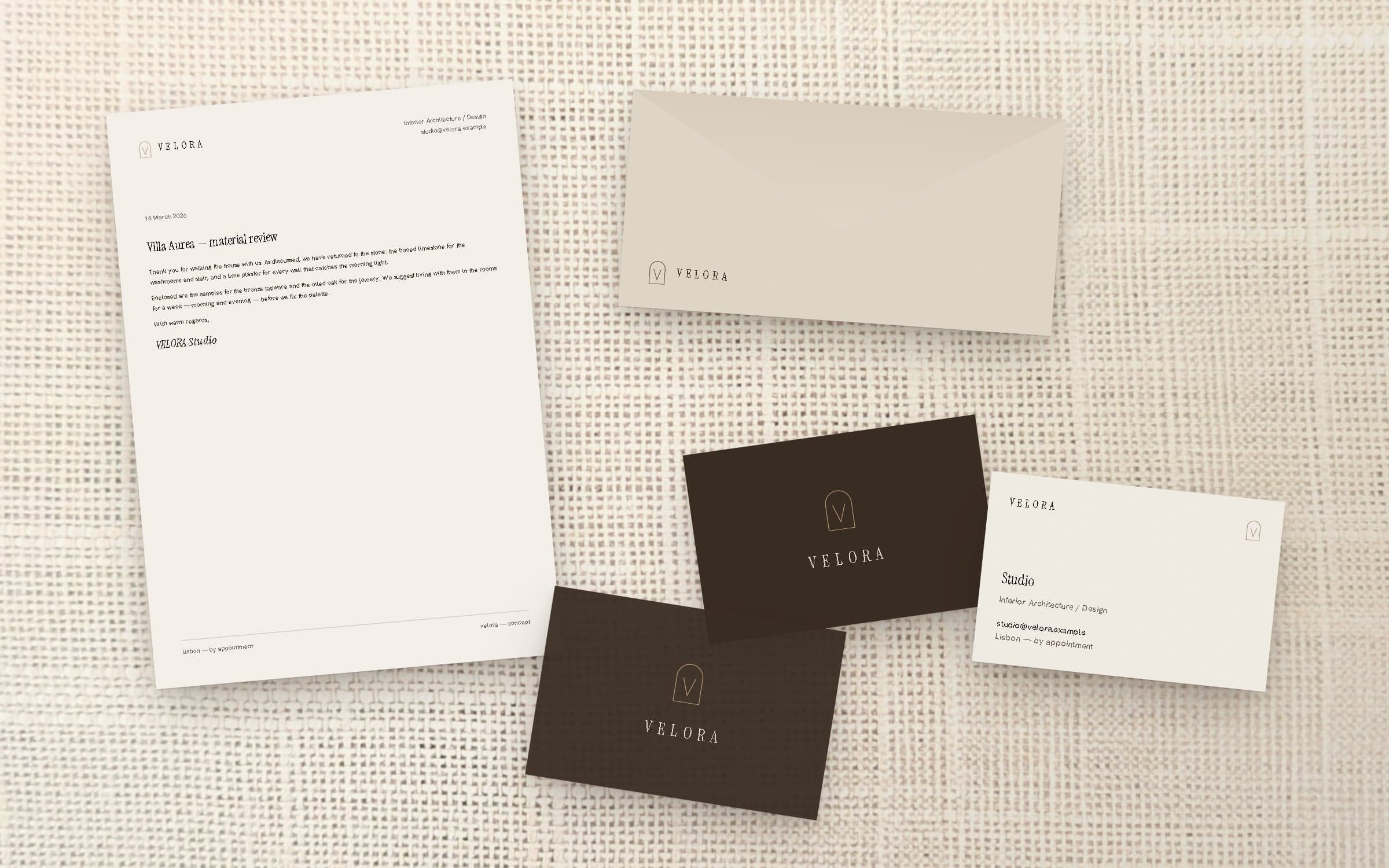 VELORA letterhead, envelope and business cards laid on natural linen.