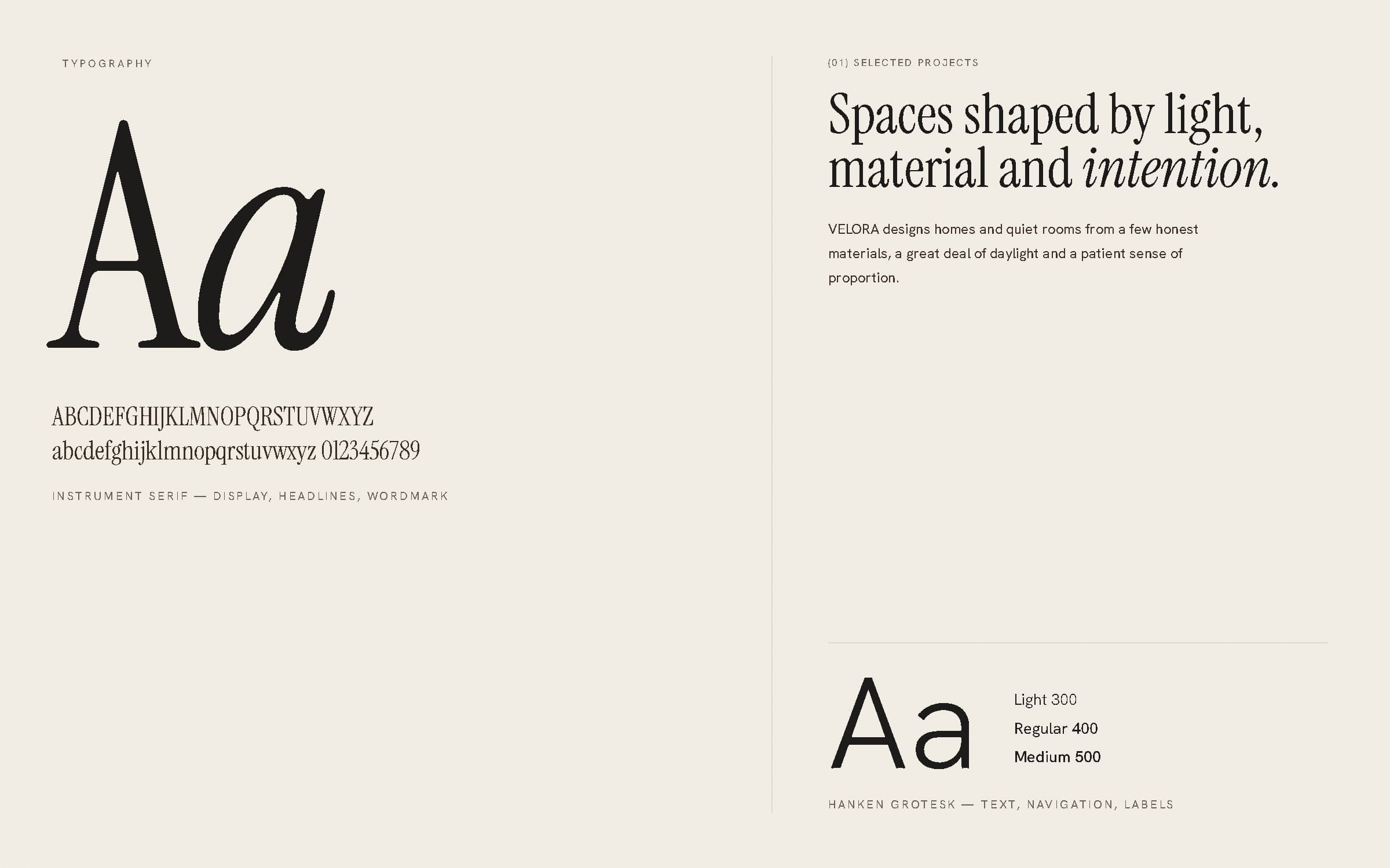 Typography board showing Instrument Serif and Hanken Grotesk with a sample headline.