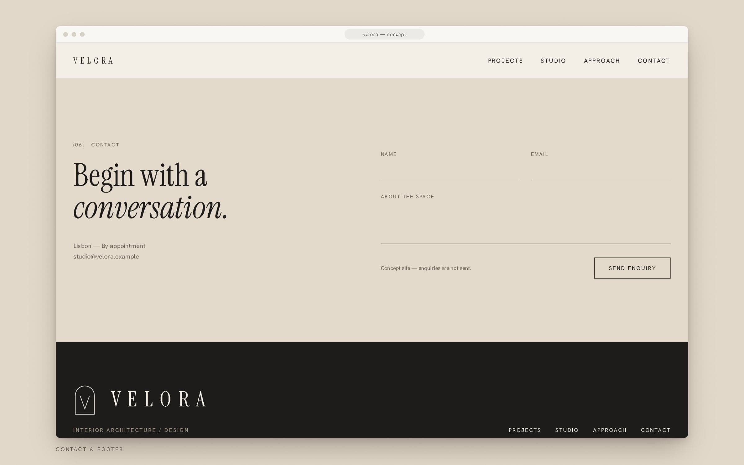 VELORA contact section with an enquiry form, and the footer.