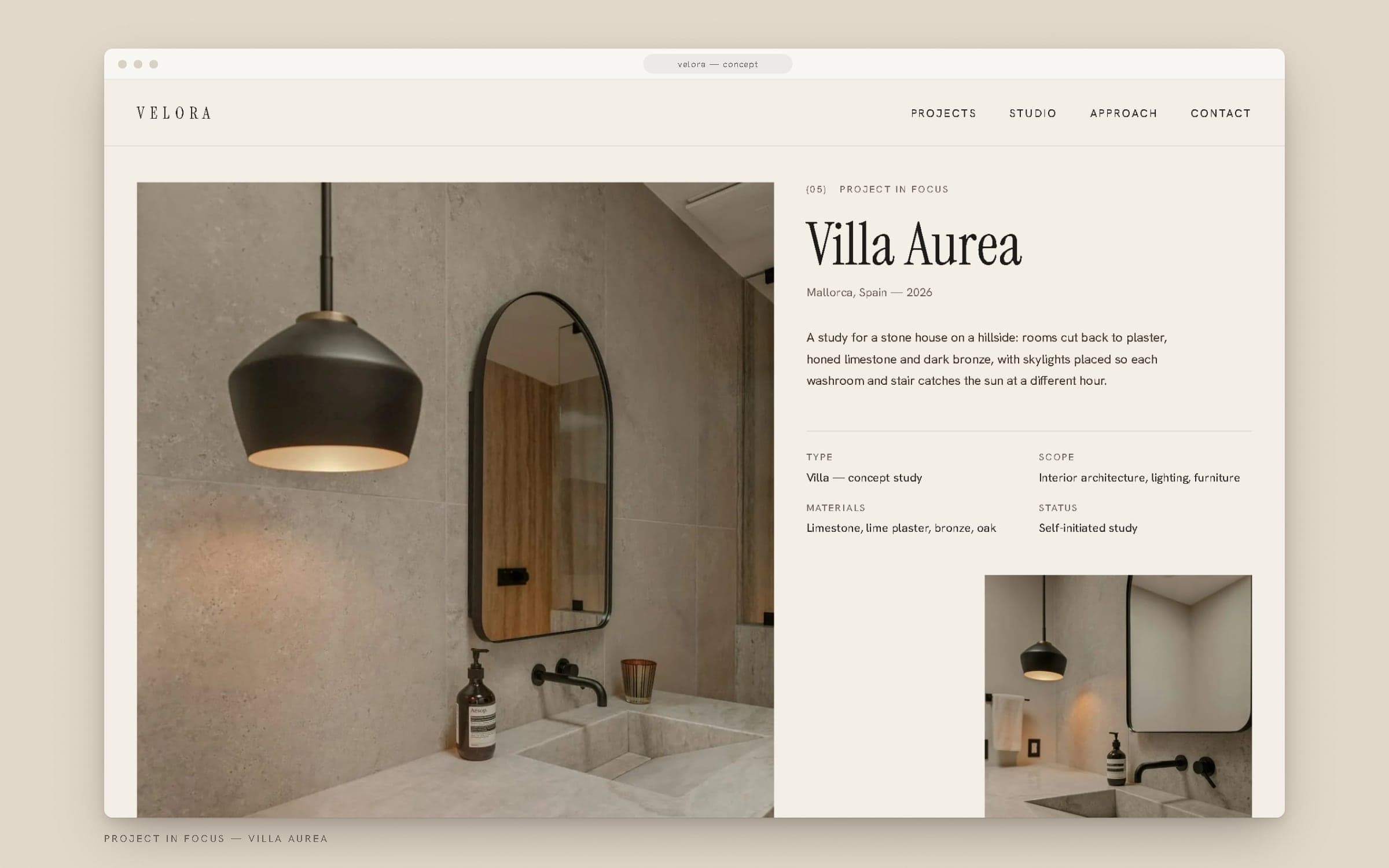 VELORA project feature page for Villa Aurea with a stone washroom photograph.