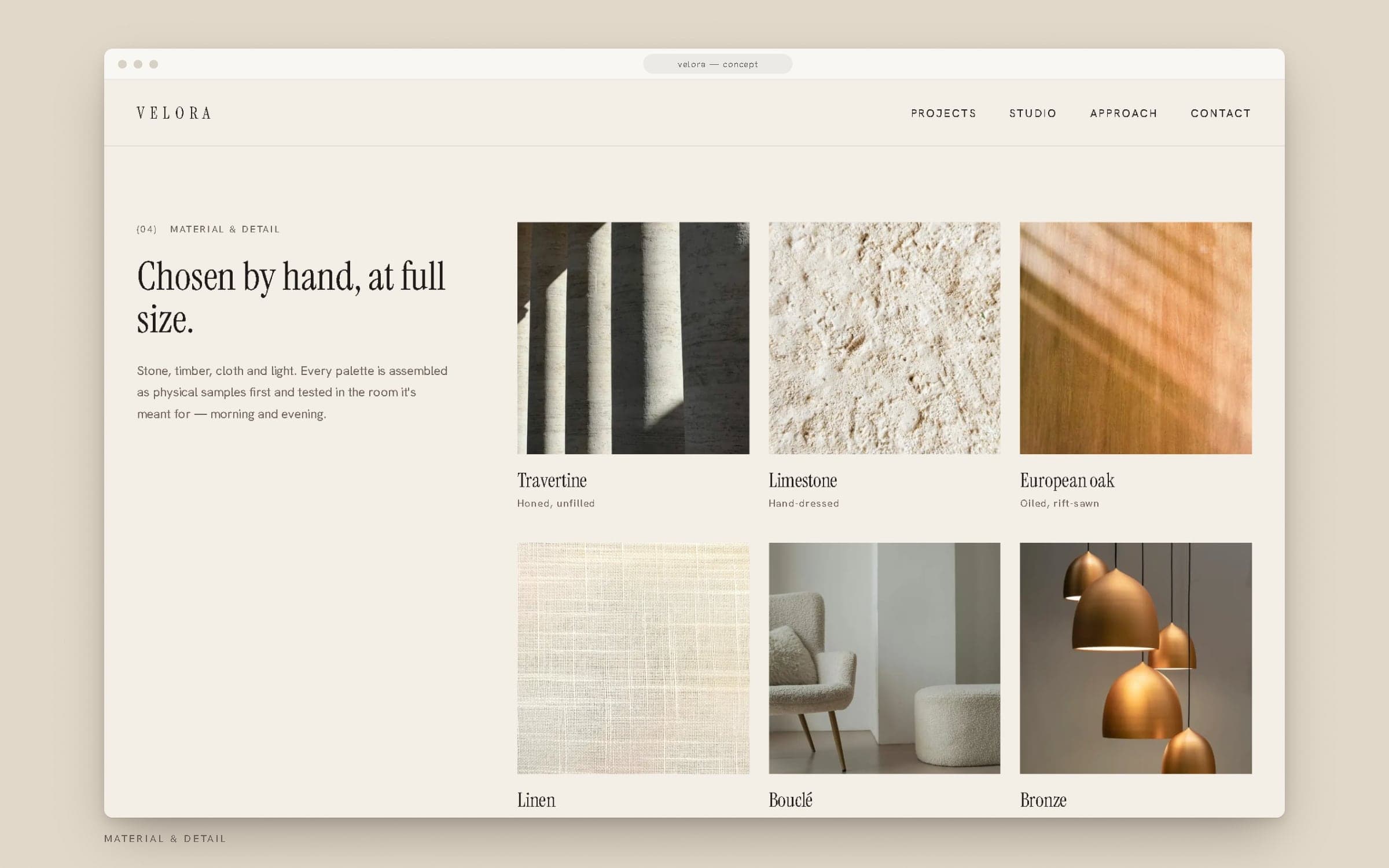 VELORA material section: travertine, limestone, oak, linen, bouclé and bronze.