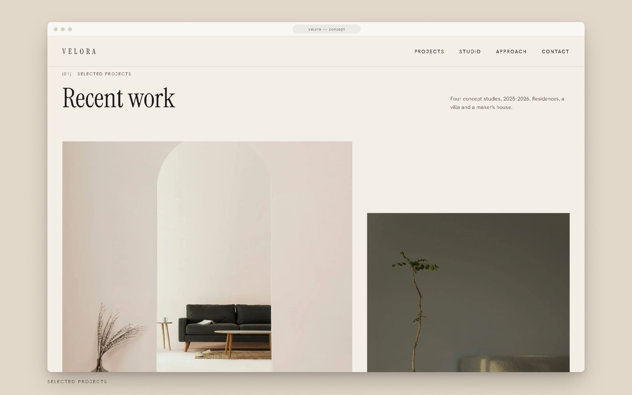 VELORA selected projects section with offset project photographs.